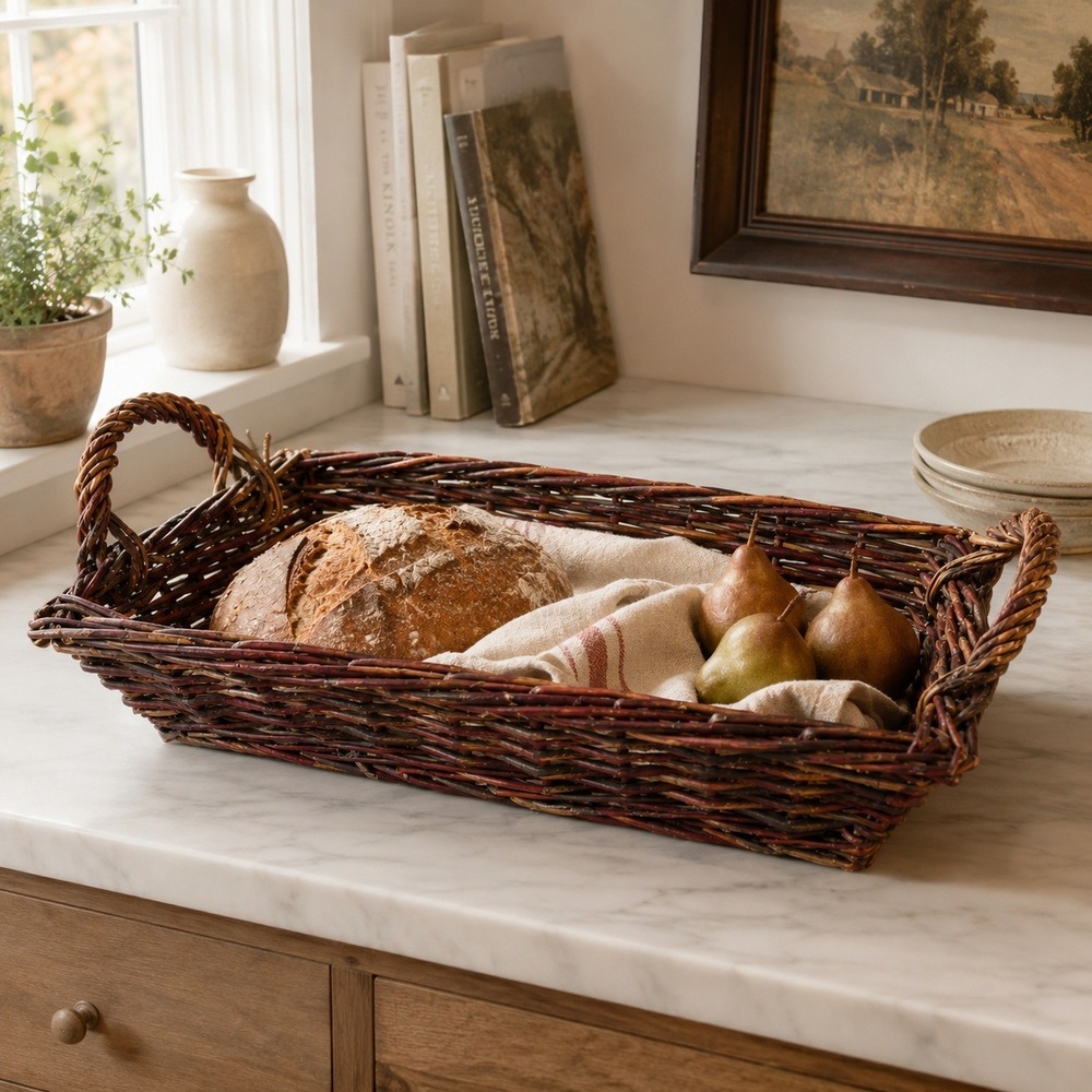 Vintage Wicker Serving Tray English Cottage Bread Basket Kitchen Centerpiece